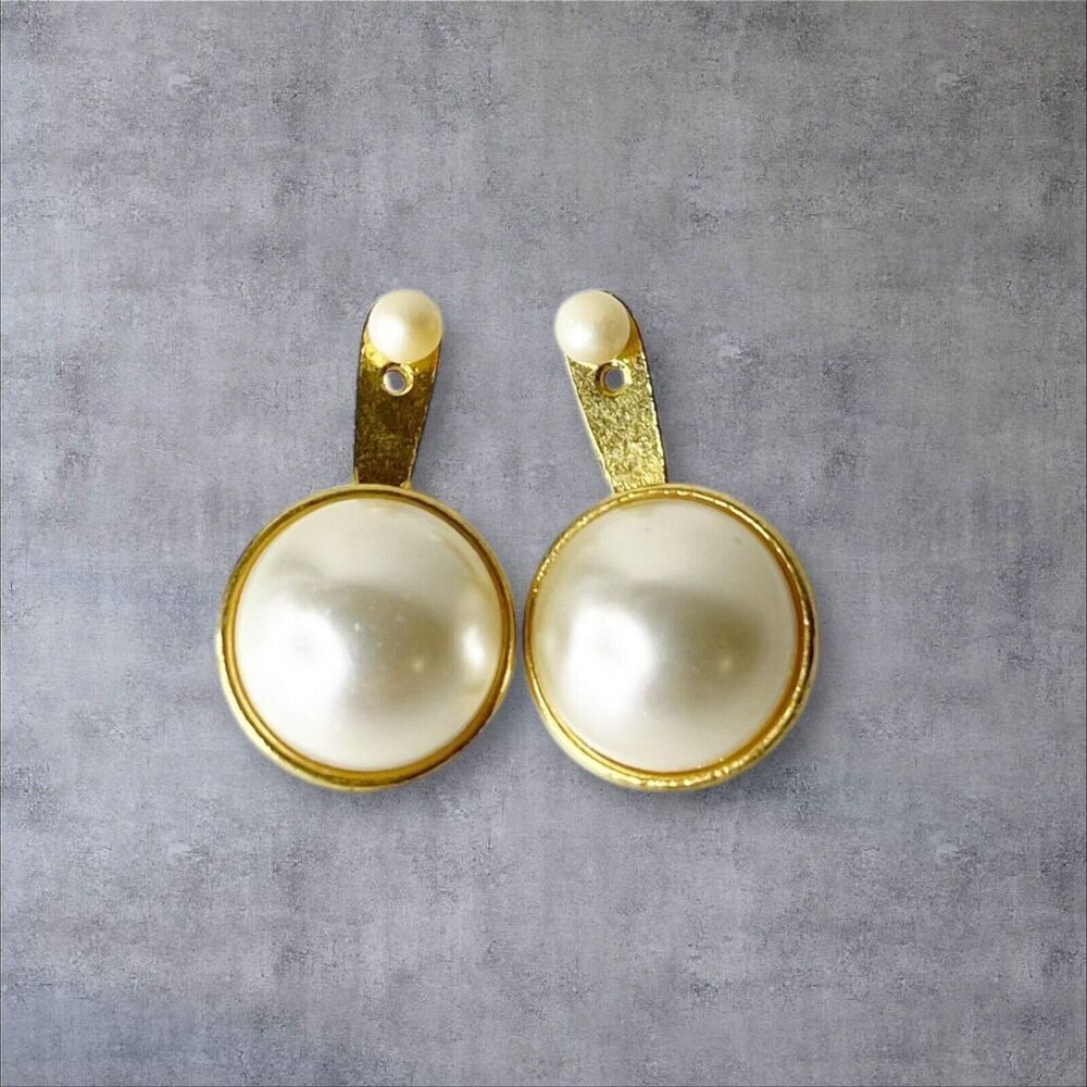 Vintage JJ Jonette Earrings Gold Tone Pearl Drop 80s 90s Retro Glam